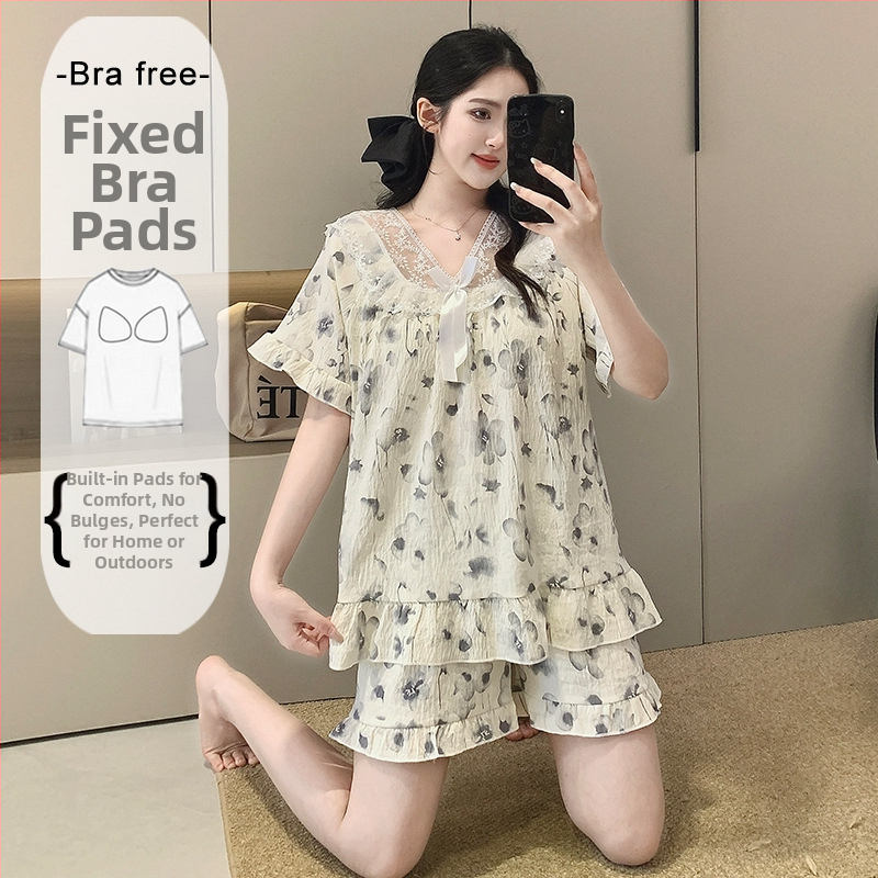 Ženský letný pyžamový set z Cloud Cotton, krátky rukáv, s pevnými výstelkami na hrudník, čipkovaný lem, puff rukávy, štvorcový výstrih, krátke nohavice, domáce oblečenie