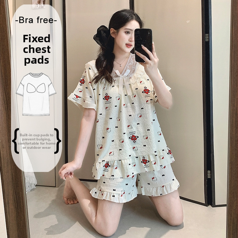 Ženský letný pyžamový set z Cloud Cotton, krátky rukáv, s pevnými výstelkami na hrudník, čipkovaný lem, puff rukávy, štvorcový výstrih, krátke nohavice, domáce oblečenie