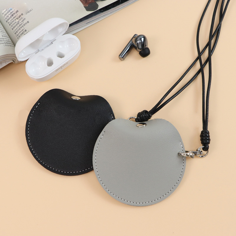 PU bőr kör alakú Bluetooth fülhallgató táska nyakpánttal és kapcsos zárással