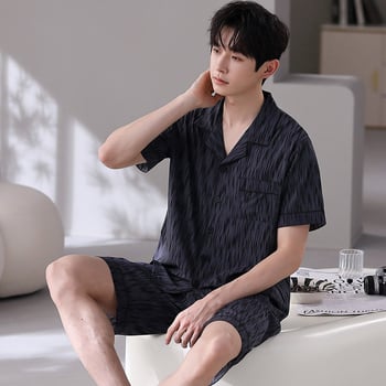 Muški ljetni pijama set od ice silk – tanak gornji dio s kratkim rukavima i hlače, za mlade muškarce