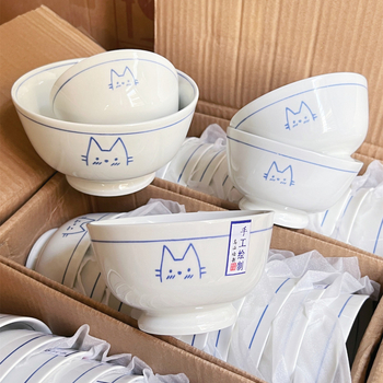Castron ceramic pictat manual cu pisică, linii drăguțe, culoare sub glazură, diametru 11 cm, compatibil cu microunde – bol pentru orez, tăiței, supă sau desert