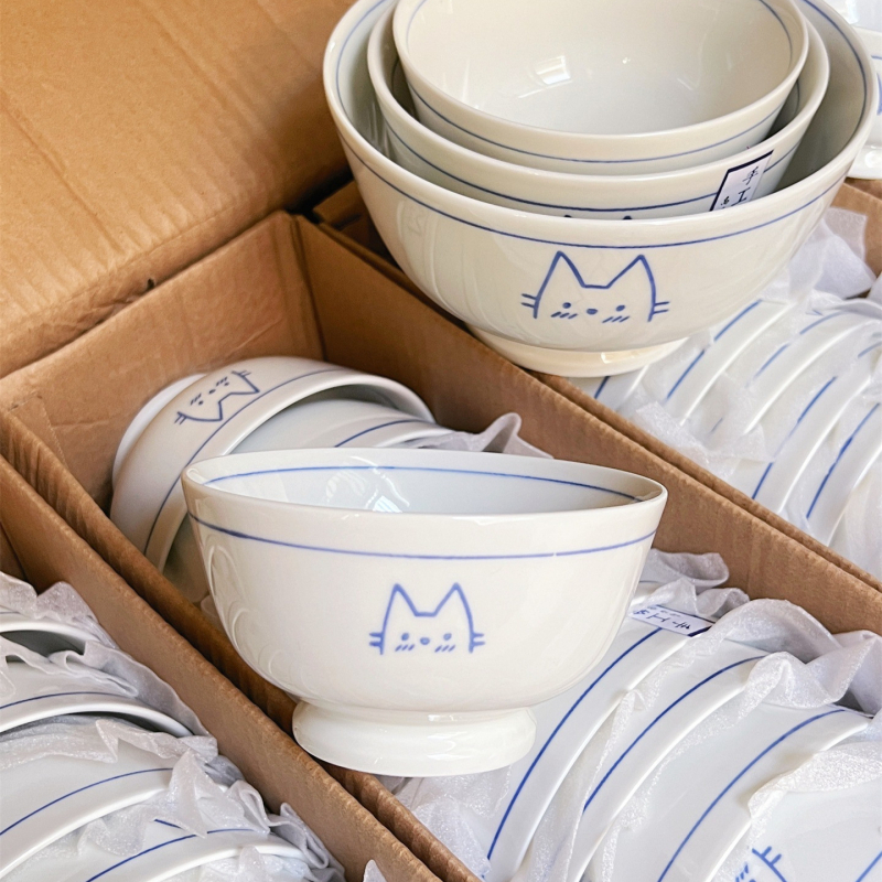 Castron ceramic pictat manual cu pisică, linii drăguțe, culoare sub glazură, diametru 11 cm, compatibil cu microunde – bol pentru orez, tăiței, supă sau desert