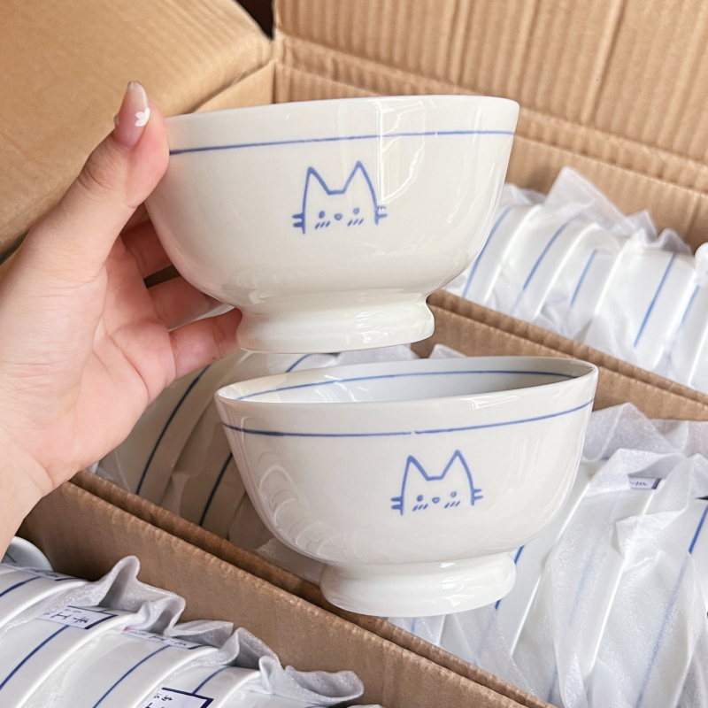 Castron ceramic pictat manual cu pisică, linii drăguțe, culoare sub glazură, diametru 11 cm, compatibil cu microunde – bol pentru orez, tăiței, supă sau desert