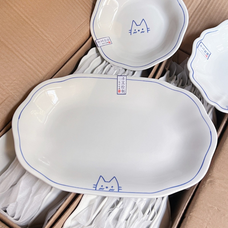 Castron ceramic pictat manual cu pisică, linii drăguțe, culoare sub glazură, diametru 11 cm, compatibil cu microunde – bol pentru orez, tăiței, supă sau desert