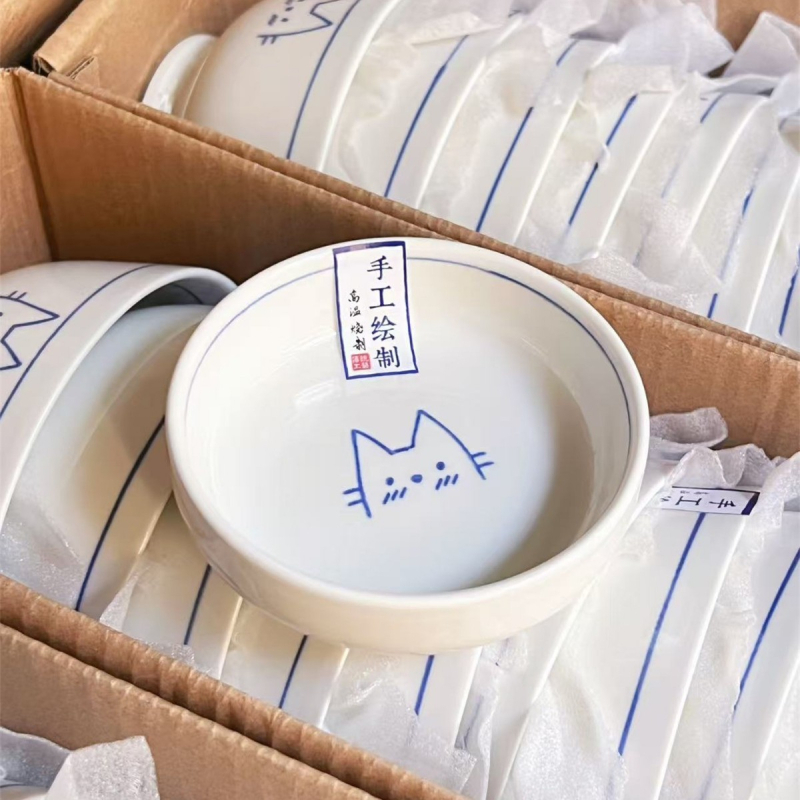 Castron ceramic pictat manual cu pisică, linii drăguțe, culoare sub glazură, diametru 11 cm, compatibil cu microunde – bol pentru orez, tăiței, supă sau desert
