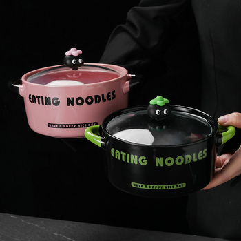 Vas ceramic pentru tăiței instant cu capac, capacitate mare, bol de supă cu mâner dublu pentru snail powder noodles, destinat căminelor studențești