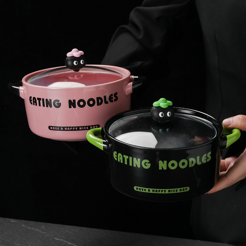 Vas ceramic pentru tăiței instant cu capac, capacitate mare, bol de supă cu mâner dublu pentru snail powder noodles, destinat căminelor studențești