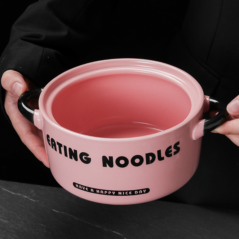 Vas ceramic pentru tăiței instant cu capac, capacitate mare, bol de supă cu mâner dublu pentru snail powder noodles, destinat căminelor studențești
