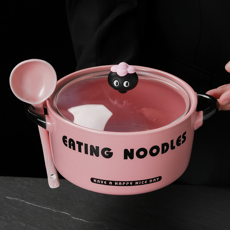 Vas ceramic pentru tăiței instant cu capac, capacitate mare, bol de supă cu mâner dublu pentru snail powder noodles, destinat căminelor studențești