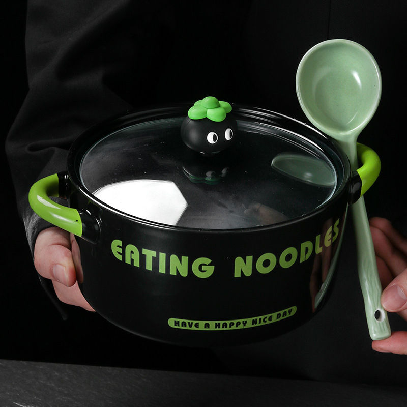 Vas ceramic pentru tăiței instant cu capac, capacitate mare, bol de supă cu mâner dublu pentru snail powder noodles, destinat căminelor studențești