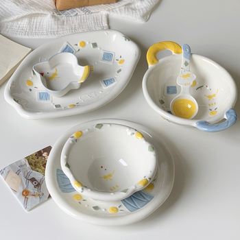 Set de boluri pentru mic dejun din porțelan pentru copii, model drăguț cu desene animate, formă rotundă, compatibil cu cuptorul cu microunde