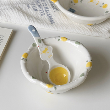 Set de boluri pentru mic dejun din porțelan pentru copii, model drăguț cu desene animate, formă rotundă, compatibil cu cuptorul cu microunde