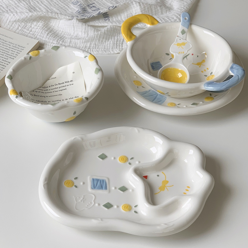 Set de boluri pentru mic dejun din porțelan pentru copii, model drăguț cu desene animate, formă rotundă, compatibil cu cuptorul cu microunde