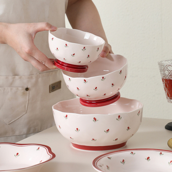 Set de boluri și farfurii din ceramică cu model roșu de flori sub glazură, pentru uz casnic, drăguț
