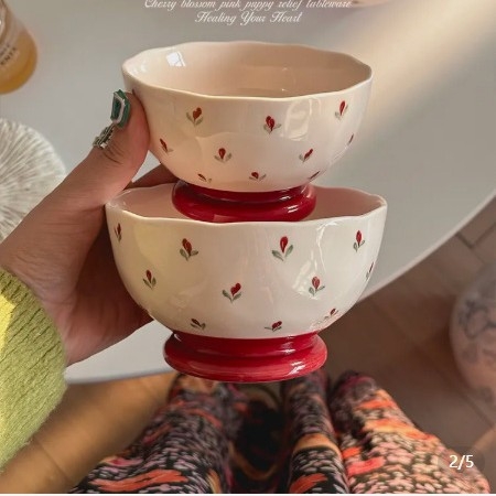 Set de boluri și farfurii din ceramică cu model roșu de flori sub glazură, pentru uz casnic, drăguț