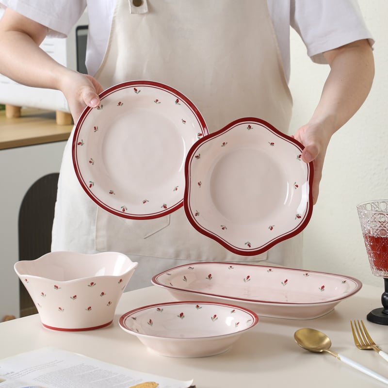 Set de boluri și farfurii din ceramică cu model roșu de flori sub glazură, pentru uz casnic, drăguț