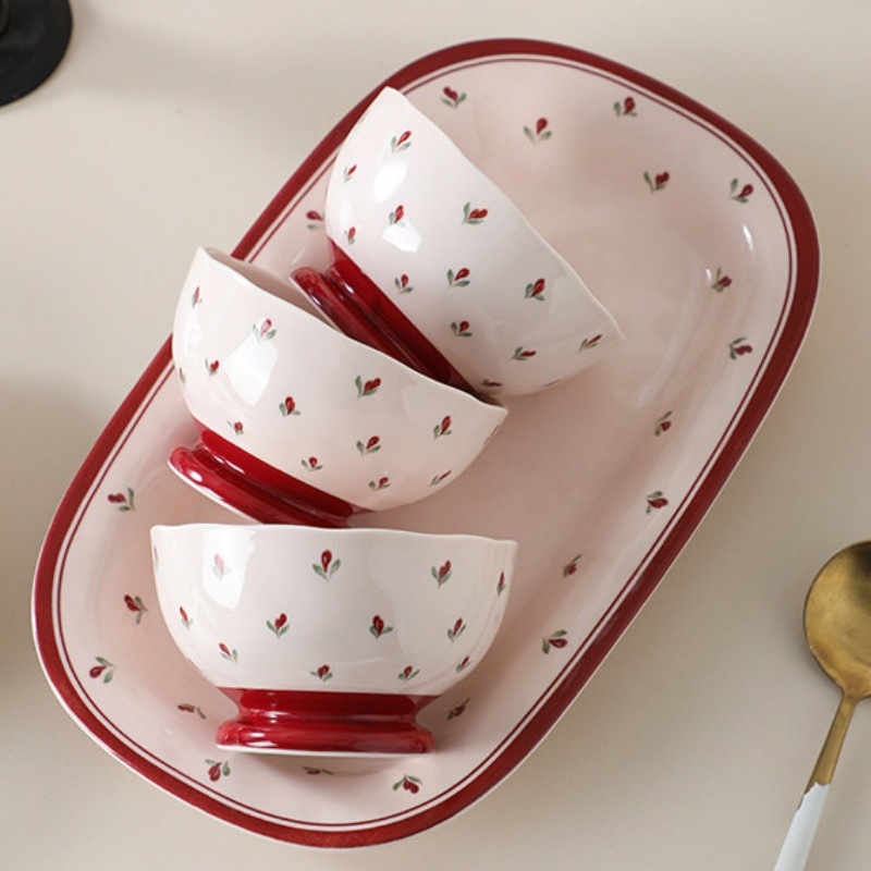 Set de boluri și farfurii din ceramică cu model roșu de flori sub glazură, pentru uz casnic, drăguț
