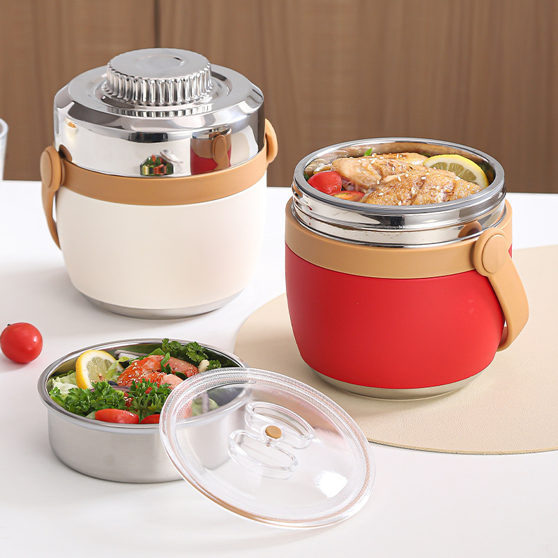 Cutie de prânz din oțel inoxidabil 304 izolată, cu mâner, cutie prânz portabilă cu două nivele, cutie Bento cu logo personalizat