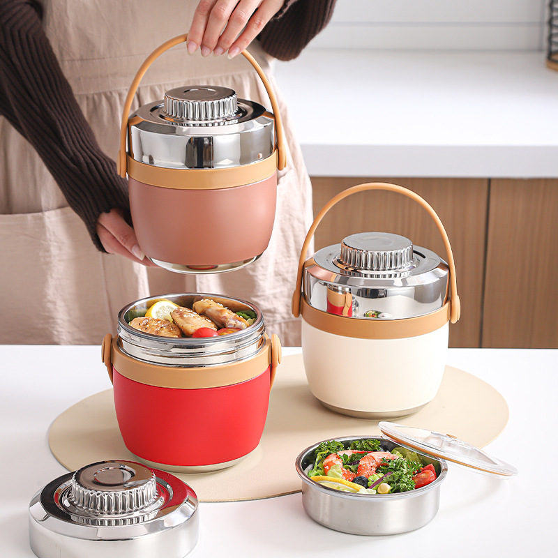 Cutie de prânz din oțel inoxidabil 304 izolată, cu mâner, cutie prânz portabilă cu două nivele, cutie Bento cu logo personalizat