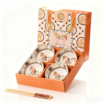 Set ceramic cu 4 boluri și 4 bețișoare, Anul Calului, cu logo personalizat