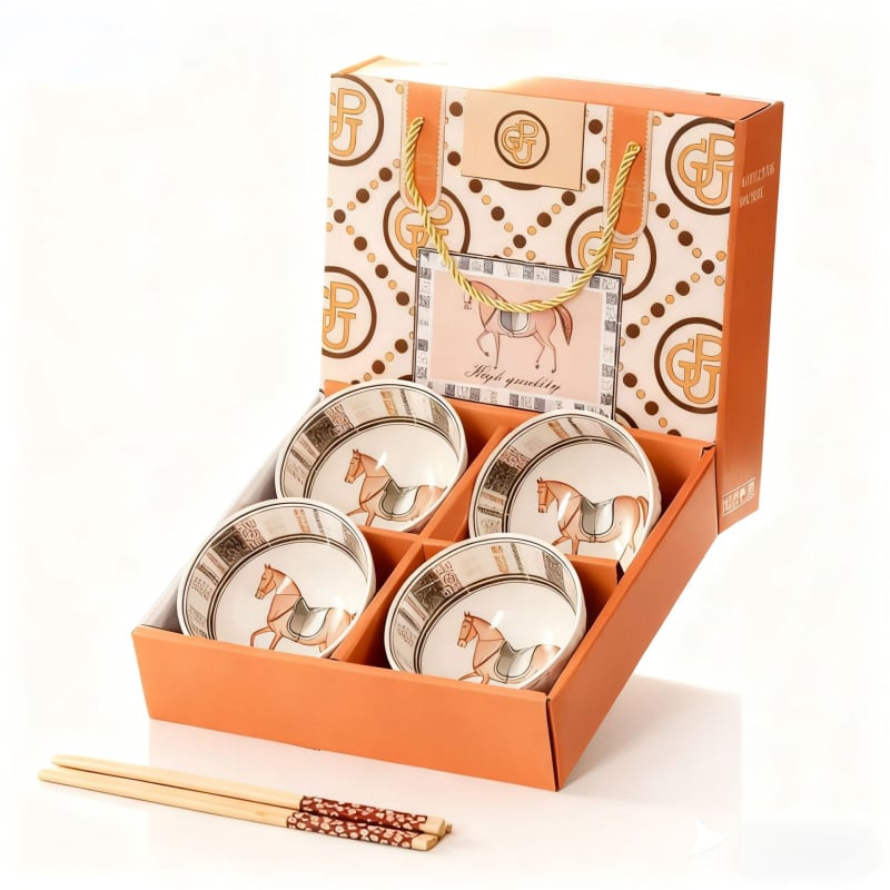 Set ceramic cu 4 boluri și 4 bețișoare, Anul Calului, cu logo personalizat