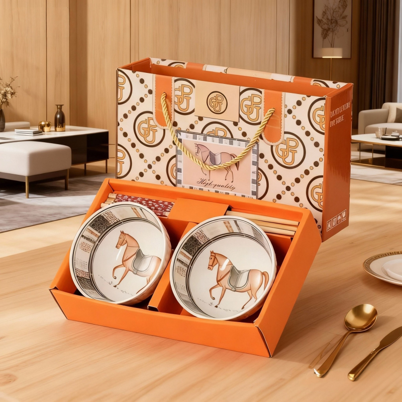 Set ceramic cu 4 boluri și 4 bețișoare, Anul Calului, cu logo personalizat