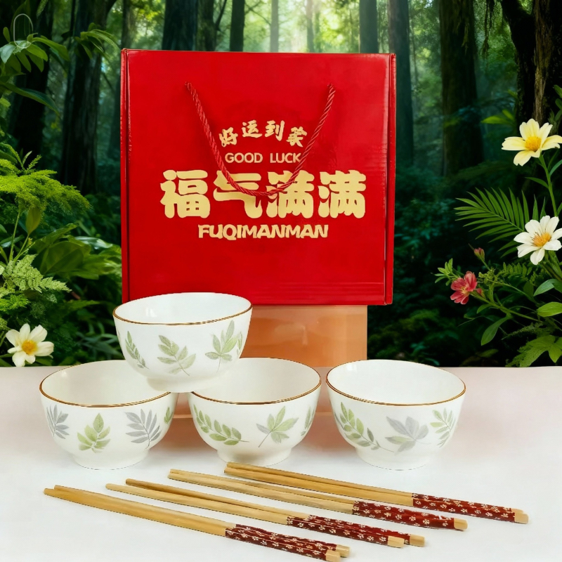 Set ceramic cu 4 boluri și 4 bețișoare, Anul Calului, cu logo personalizat