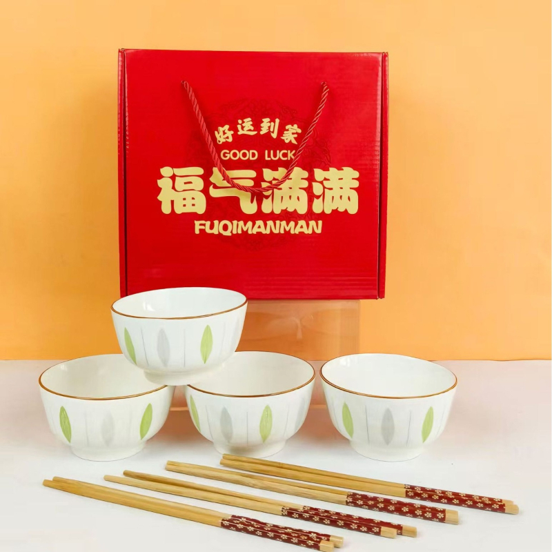 Set ceramic cu 4 boluri și 4 bețișoare, Anul Calului, cu logo personalizat