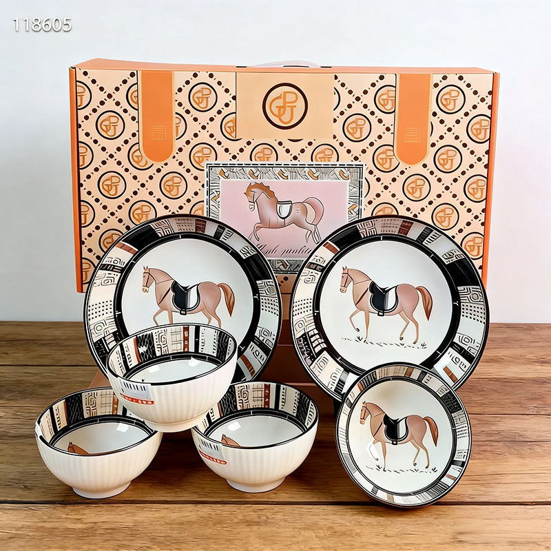Set ceramic cu 4 boluri și 4 bețișoare, Anul Calului, cu logo personalizat