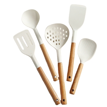 Set de ustensile din siliconă pentru bucătărie cu mâner din fag: spatulă, lingură de supă, strecurător și spatulă de prăjit pentru vase antiaderente