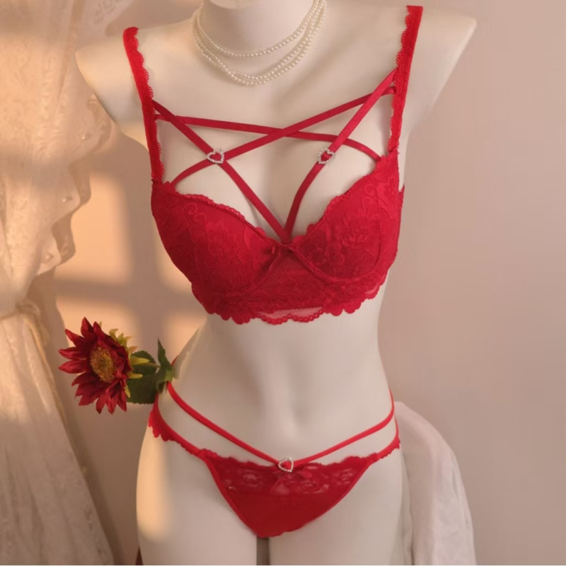 Desire serija Seksi čipkasti grudnjak s kristalnim detaljima, tanke naramenice, push-up, set donjeg rublja