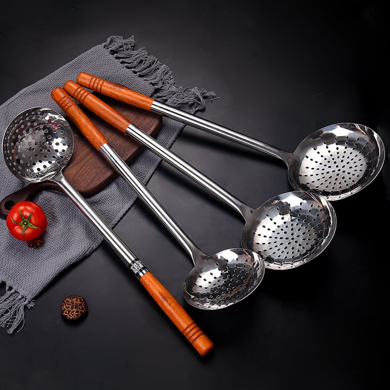 Oțel inoxidabil alimentar: lingură de gătit cu sită din plasă, lingură pentru tăiței, spatulă mare, lingură de filtrare, groasă și durabilă