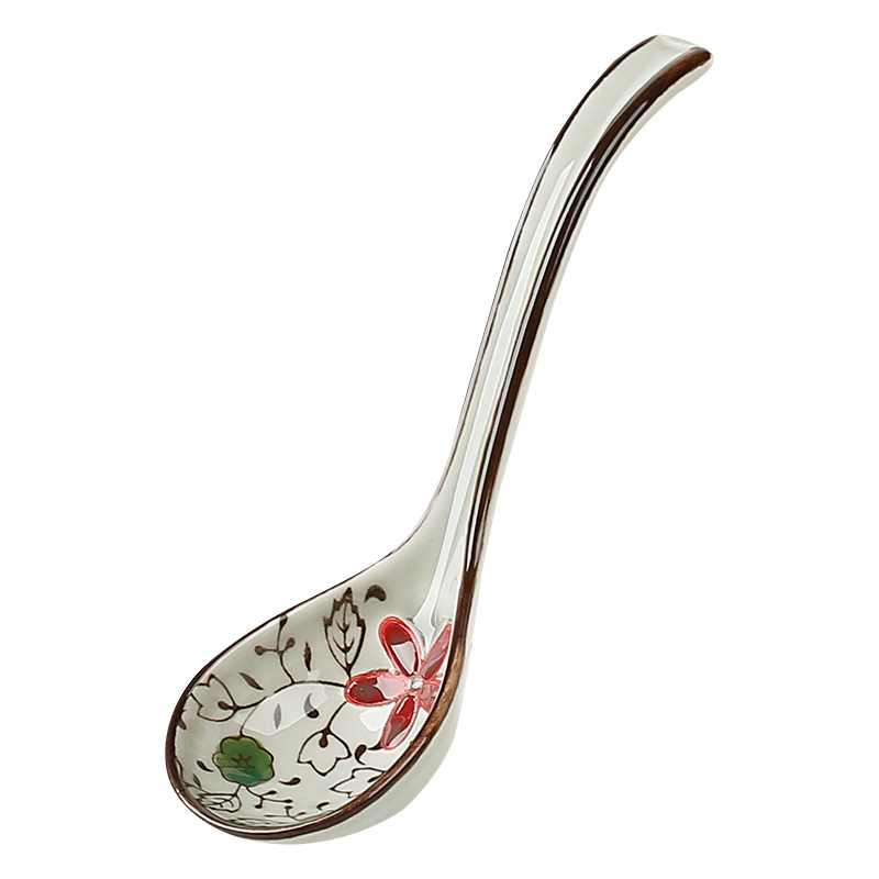 Lingură ceramică albastru-alb, cu mâner lung, stil japonez pentru supă, cu model floral.