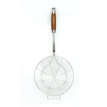 Spatulă din oțel inoxidabil cu mâner din lemn imitatie rosewood, plasă rotundă dublă, pentru uz casnic, potrivită pentru tăiței, găluște chinezești și wontons, cu funcție de scurgere