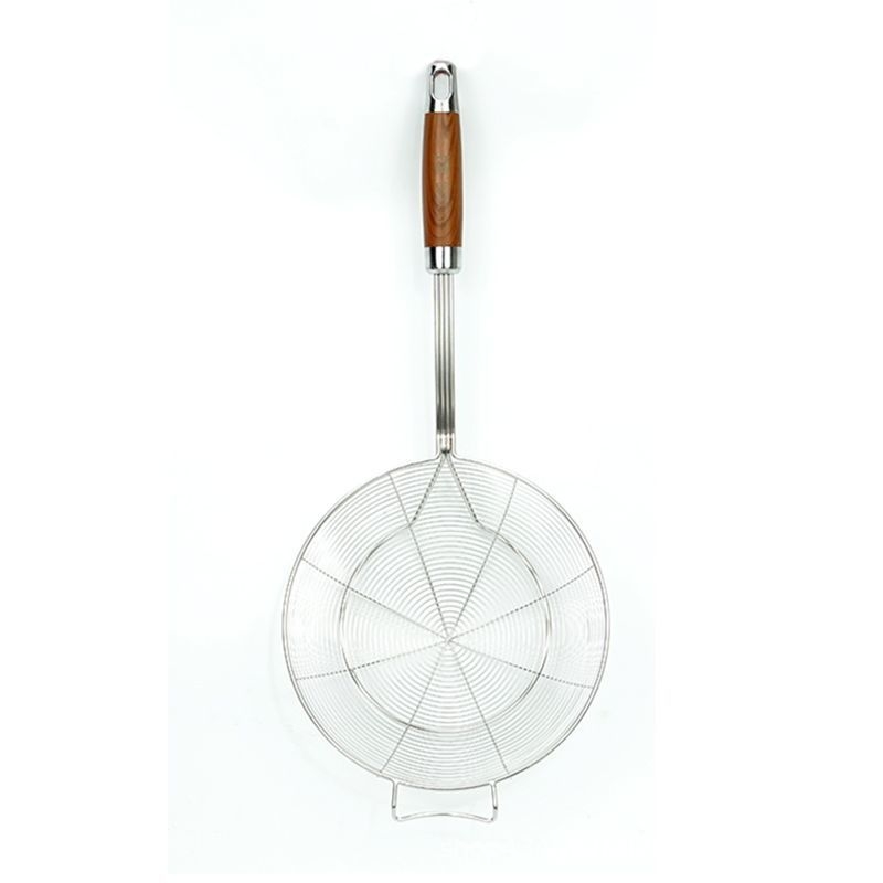 Spatulă din oțel inoxidabil cu mâner din lemn imitatie rosewood, plasă rotundă dublă, pentru uz casnic, potrivită pentru tăiței, găluște chinezești și wontons, cu funcție de scurgere