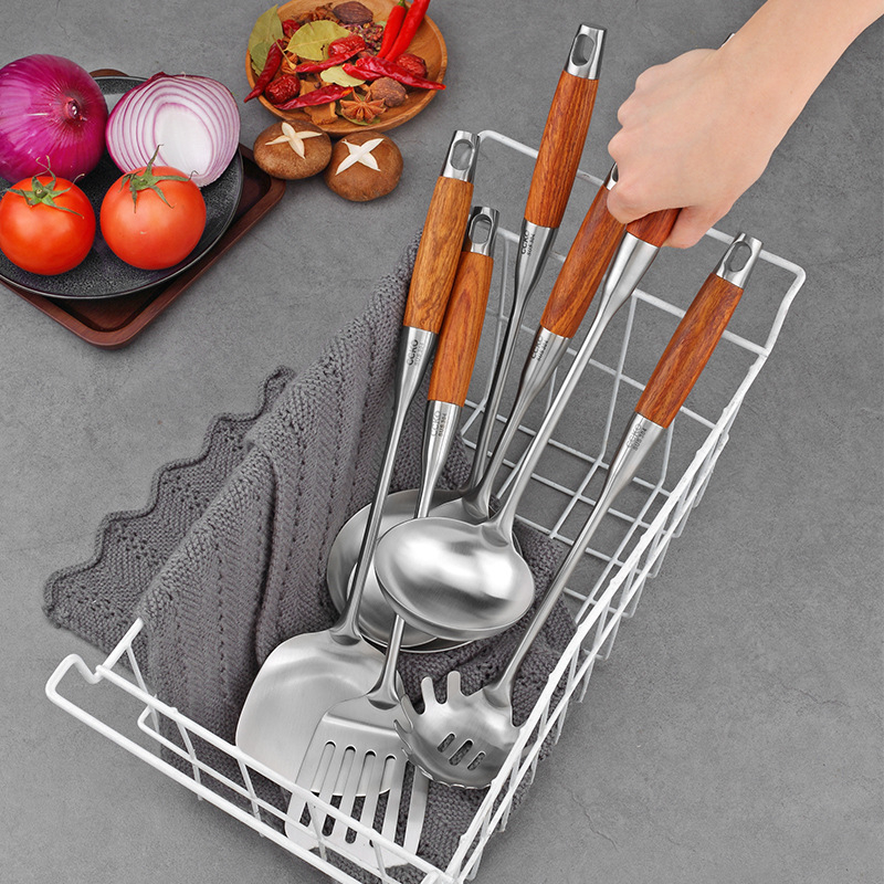 Set bucătărie din oțel inoxidabil 304, 7 piese: spatulă și linguri, mânere din lemn de trandafir, protecție împotriva arsurilor