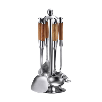 Set ustensile bucătărie din oțel inoxidabil 304, mâner din lemn de pere — linguri, spatule, lingură de supă și lingură cu găuri