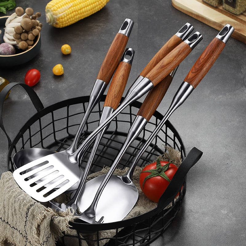 Set ustensile bucătărie din oțel inoxidabil 304, mâner din lemn de pere — linguri, spatule, lingură de supă și lingură cu găuri