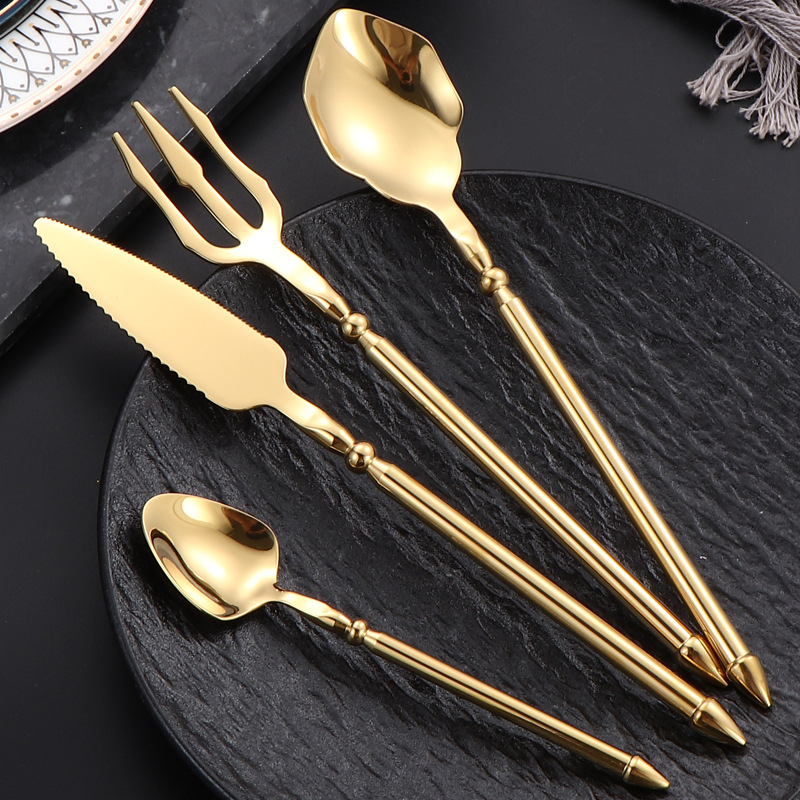 Set tacâmuri din oțel inoxidabil 304, stil european: cuțit, furculiță, lingură, lingură de desert îngroșată – set cuțit și furculiță pentru fripturi