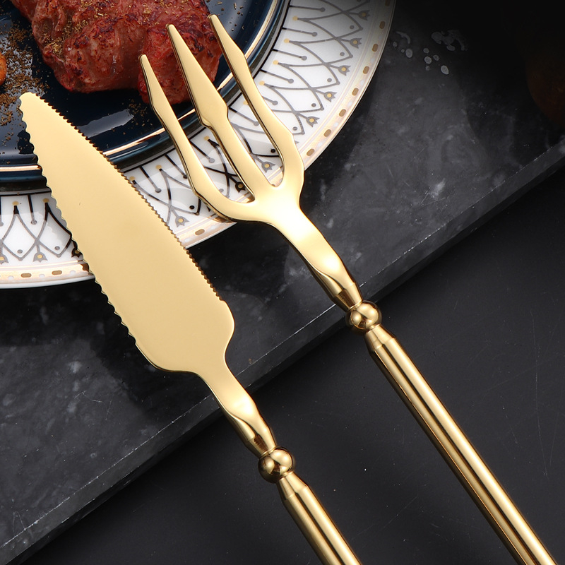 Set tacâmuri din oțel inoxidabil 304, stil european: cuțit, furculiță, lingură, lingură de desert îngroșată – set cuțit și furculiță pentru fripturi
