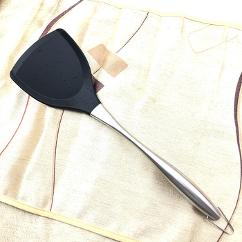 Set de 3 ustensile din silicon cu oțel inoxidabil pentru tigăi antiaderente – spatulă, spatulă pentru prăjit și lingură strecurătoare