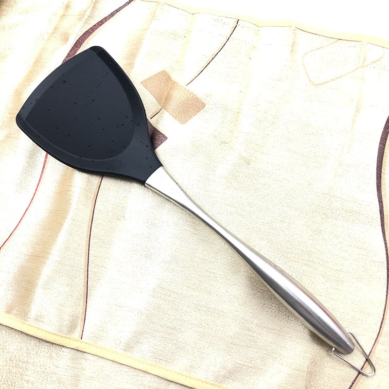 Set de 3 ustensile din silicon cu oțel inoxidabil pentru tigăi antiaderente – spatulă, spatulă pentru prăjit și lingură strecurătoare