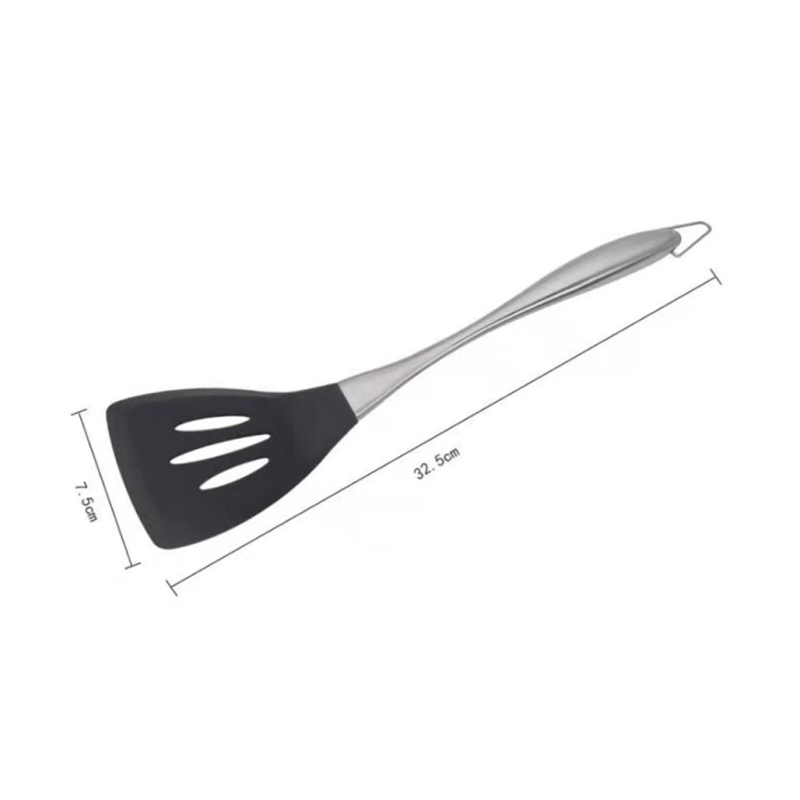 Set de 3 ustensile din silicon cu oțel inoxidabil pentru tigăi antiaderente – spatulă, spatulă pentru prăjit și lingură strecurătoare