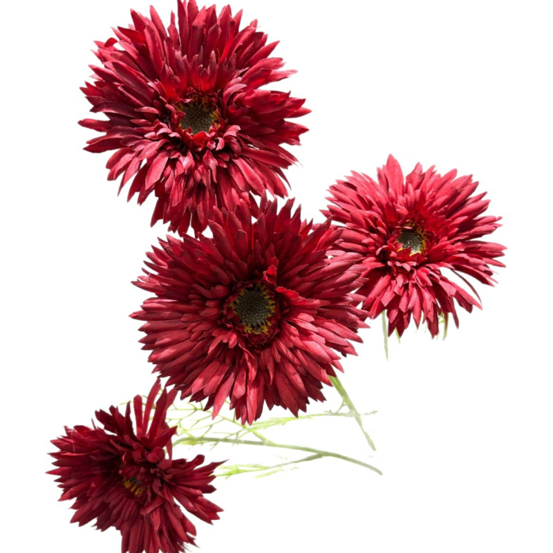 Patru flori artificiale cu capete: hibiscus, crizantemă Francis, margarete, gerbera, floarea-soarelui – flori artificiale din satin pentru decor de nuntă și decor acasă