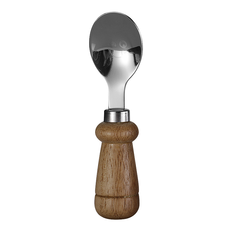 YIQI Set de tacâmuri pentru copii din oțel inoxidabil cu mâner din lemn, 304, cu un design zâmbitor – lingură, furculiță, cuțit pentru steak, cuțit de brânză