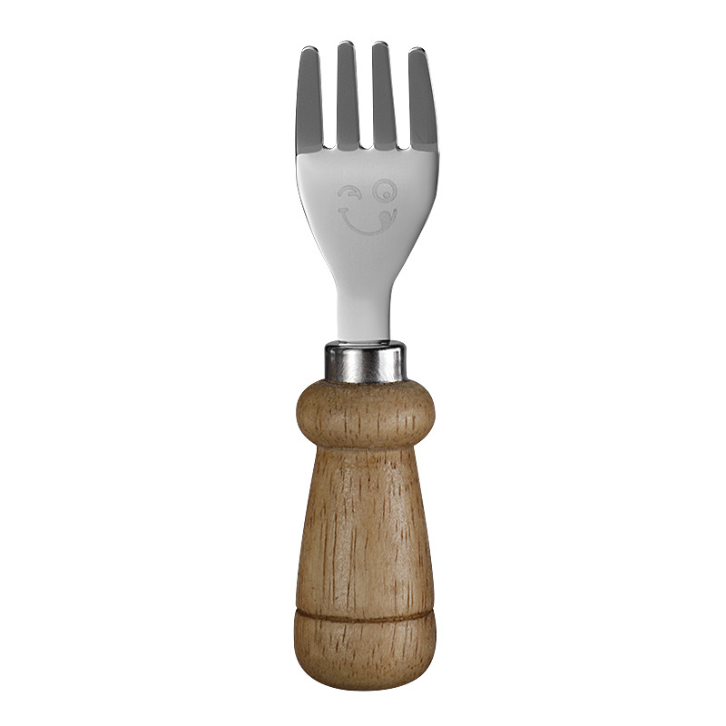 YIQI Set de tacâmuri pentru copii din oțel inoxidabil cu mâner din lemn, 304, cu un design zâmbitor – lingură, furculiță, cuțit pentru steak, cuțit de brânză