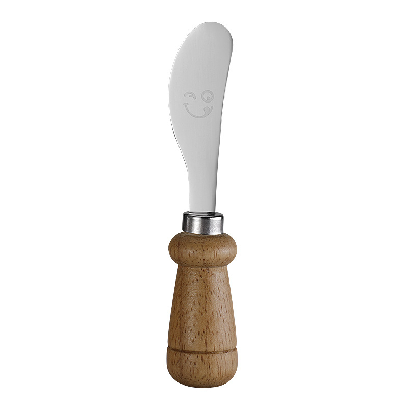 YIQI Set de tacâmuri pentru copii din oțel inoxidabil cu mâner din lemn, 304, cu un design zâmbitor – lingură, furculiță, cuțit pentru steak, cuțit de brânză