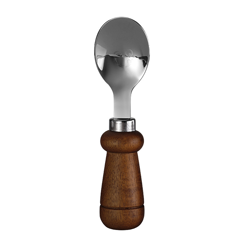 YIQI Set de tacâmuri pentru copii din oțel inoxidabil cu mâner din lemn, 304, cu un design zâmbitor – lingură, furculiță, cuțit pentru steak, cuțit de brânză