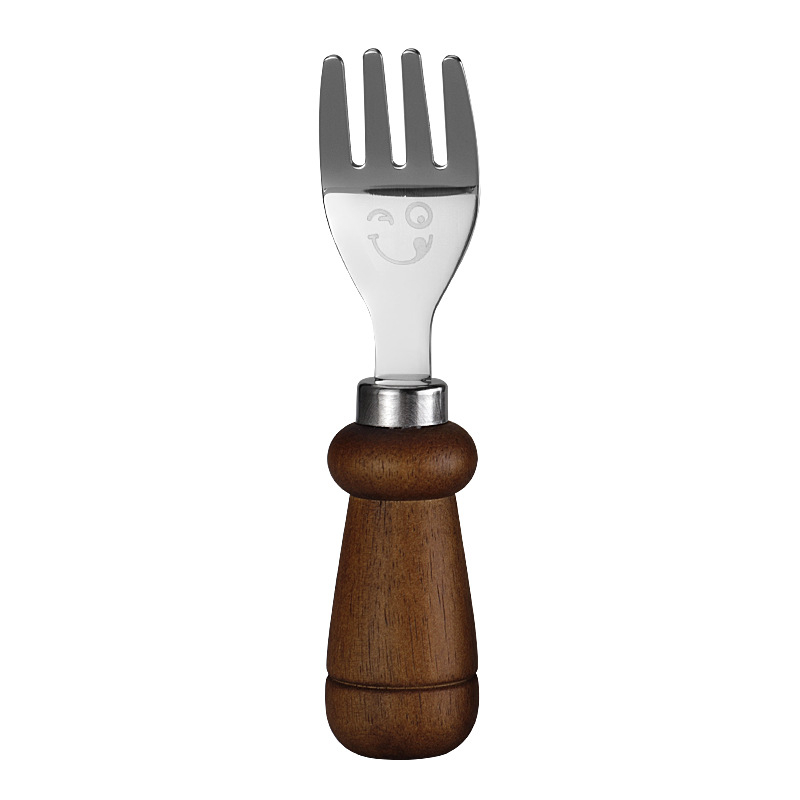 YIQI Set de tacâmuri pentru copii din oțel inoxidabil cu mâner din lemn, 304, cu un design zâmbitor – lingură, furculiță, cuțit pentru steak, cuțit de brânză