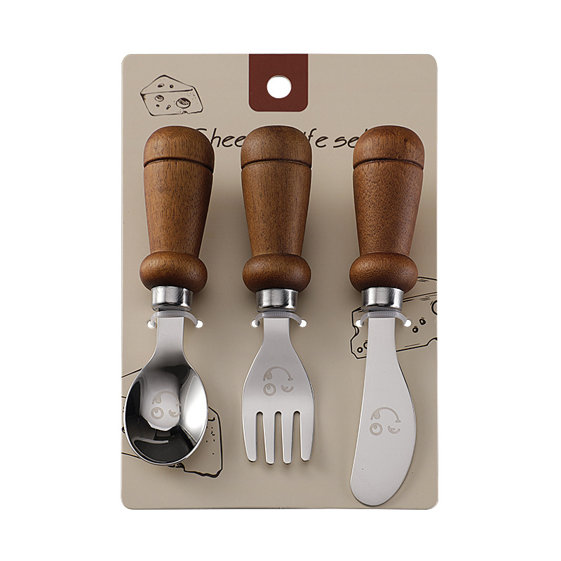 YIQI Set de tacâmuri pentru copii din oțel inoxidabil cu mâner din lemn, 304, cu un design zâmbitor – lingură, furculiță, cuțit pentru steak, cuțit de brânză